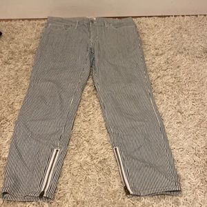 Madewell straight legged striped pants with zipper at the ankle.